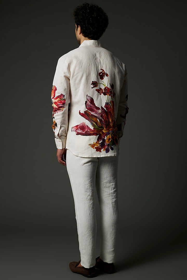 White Satin Poplin Floral Printed Party Wear Shirt by Balance by Rohit Bal Men at Pernia's Pop Up Shop