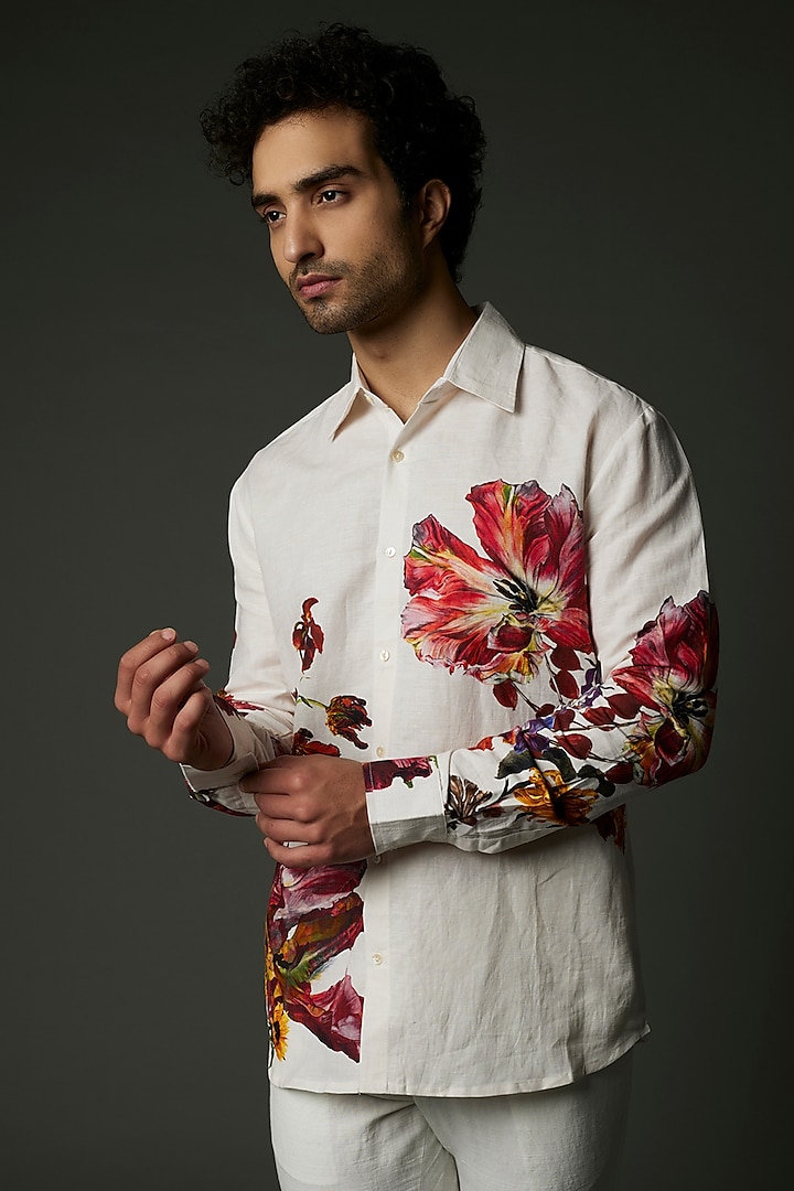 White Satin Poplin Floral Printed Party Wear Shirt by Balance by Rohit Bal Men at Pernia's Pop Up Shop