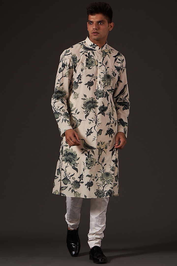 Ivory Floral Printed Kurta Set by Balance by Rohit Bal Men