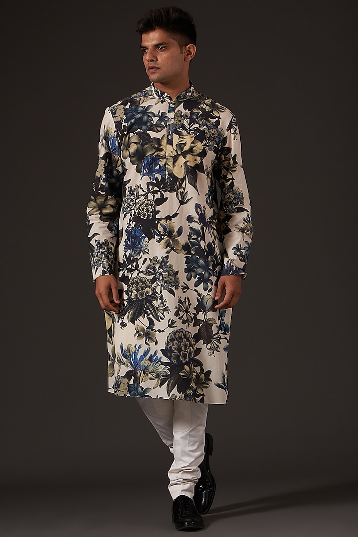Ivory Cotton Floral Digital Printed Kurta Set by Balance by Rohit Bal Men
