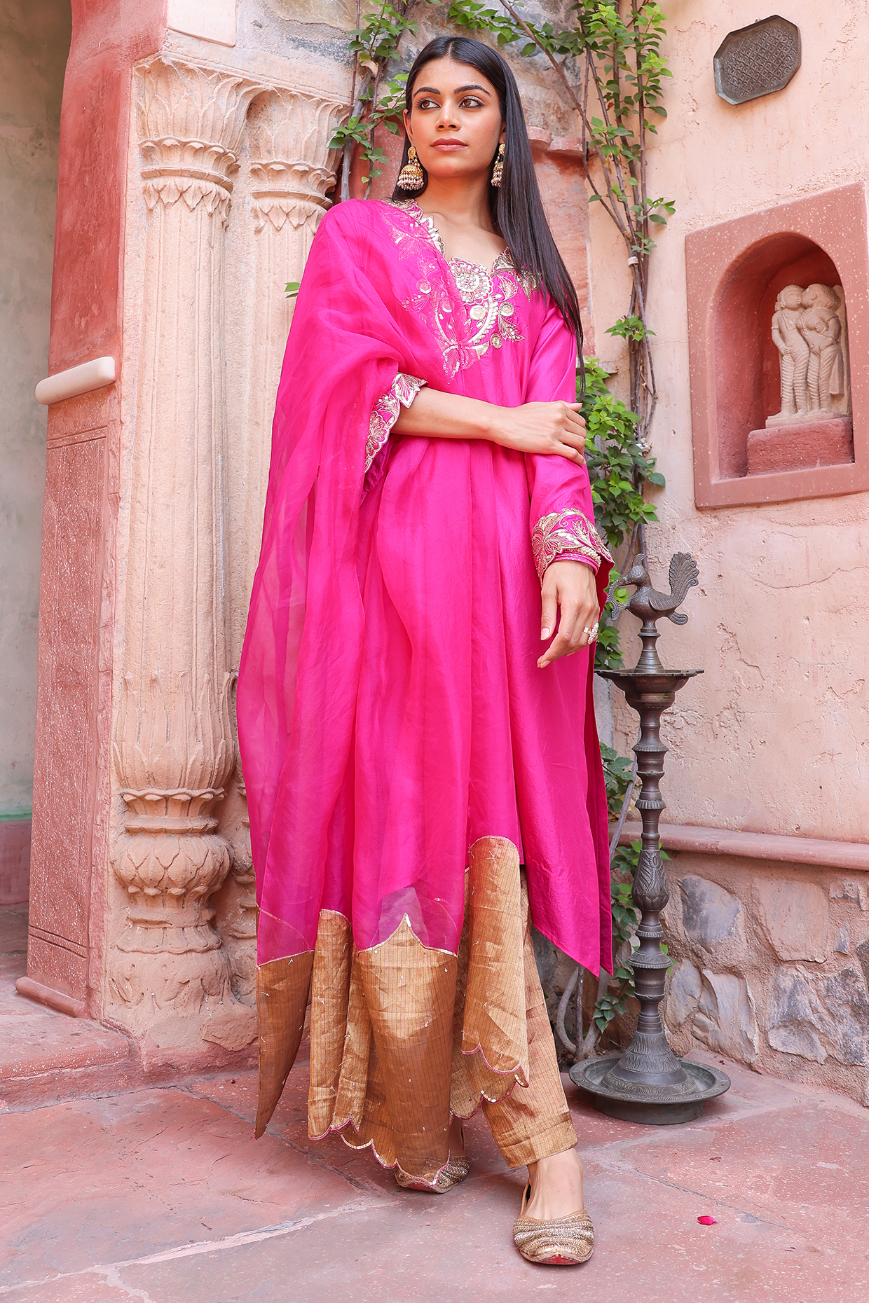 Rani Pink Pure Silk Sitara Embroidered Kurta Set by Brahmand By Vertika Kalra at Pernia's Pop Up Shop