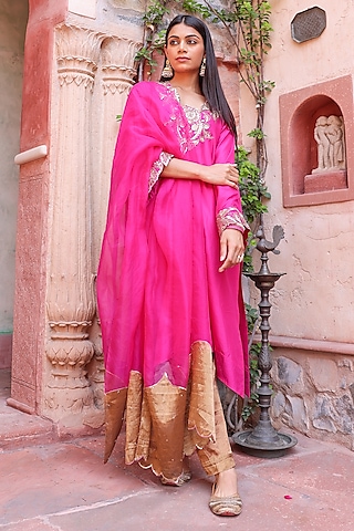 Rani Pink Pure Silk Sitara Embroidered Kurta Set by Brahmand By Vertika Kalra
