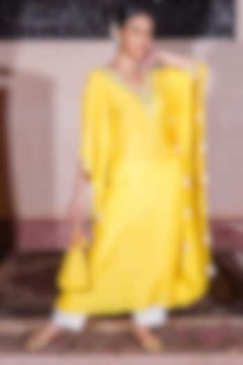 Yellow Muslin Silk Kaftan Set by Brahmand By Vertika Kalra at Pernia's Pop Up Shop