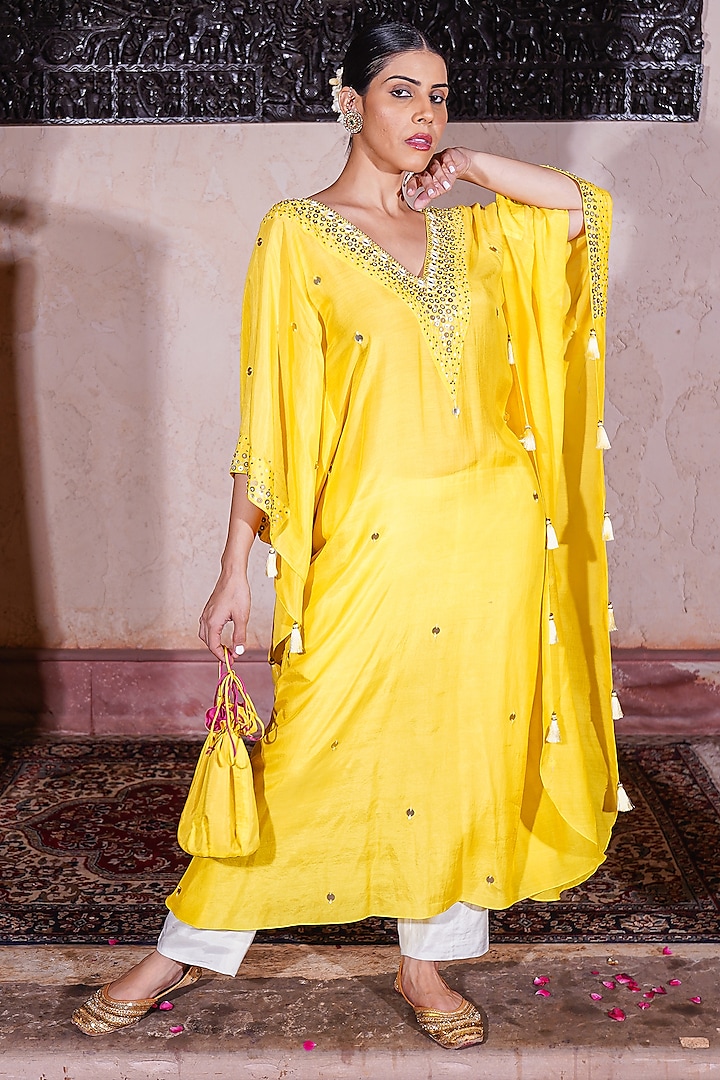 Yellow Muslin Silk Kaftan Set by Brahmand By Vertika Kalra at Pernia's Pop Up Shop