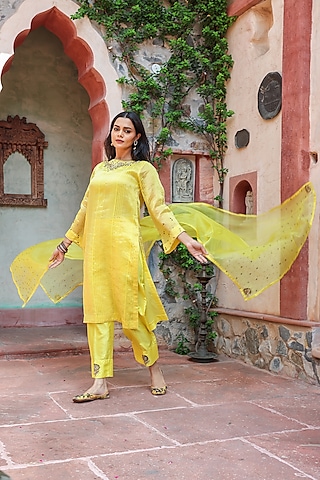 Yellow Zari Tissue Zardosi Embroidered Kurta Set by Brahmand By Vertika Kalra