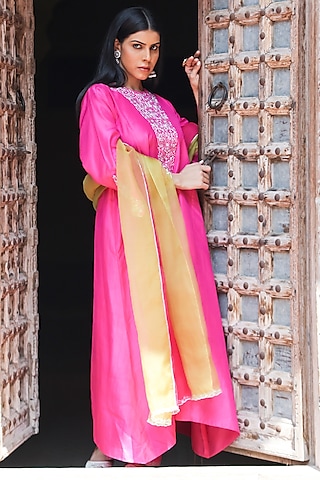 Gulabi Pink Pure Silk Embroidered Kalidar Kurta Set by Brahmand By Vertika Kalra
