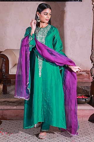Green Pure Silk Embroidered Kalidar Kurta Set by Brahmand By Vertika Kalra