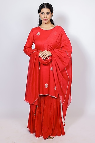 Red Mul Cotton Sharara Set by Brahmand By Vertika Kalra
