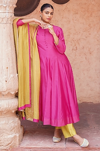 Gulkand Pink Chanderi Anarkali Set by Brahmand By Vertika Kalra