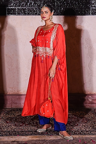 Red Muslin Silk Embroidered Kaftan Set by Brahmand By Vertika Kalra