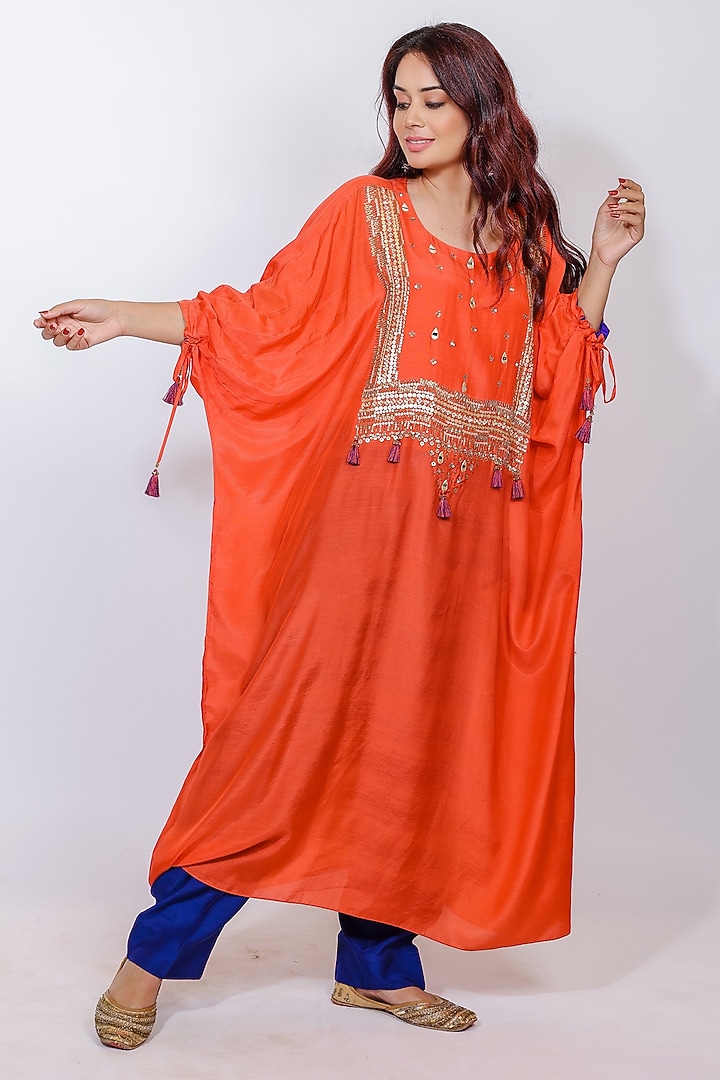 Red Muslin Silk Embroidered Kaftan Set by Brahmand By Vertika Kalra at Pernia's Pop Up Shop