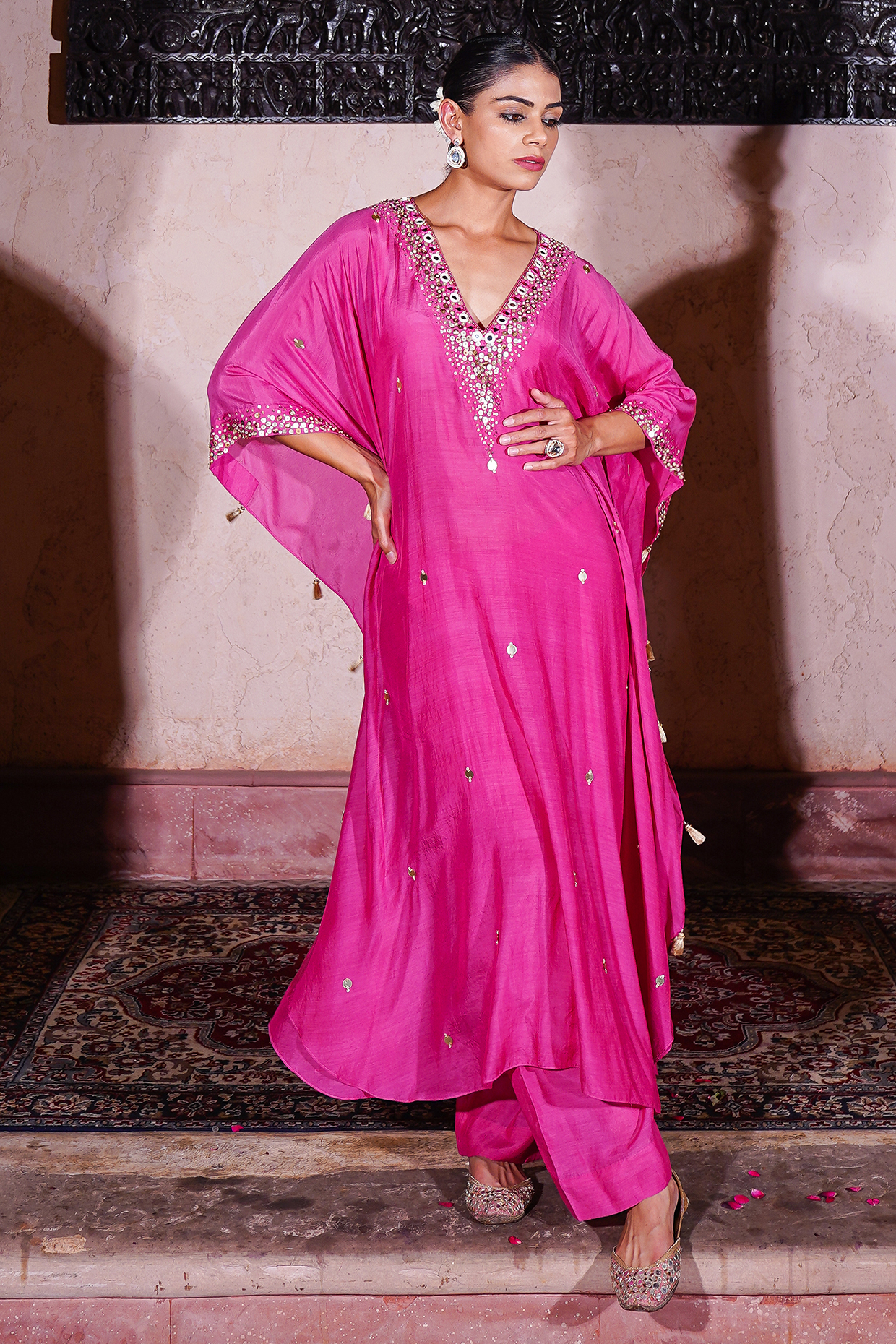 Pink Muslin Silk Kaftan Set by Brahmand By Vertika Kalra at Pernia's Pop Up Shop