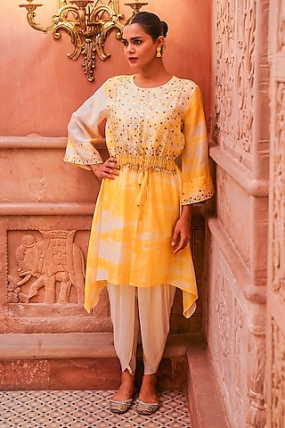 Yellow Chanderi Silk Mirror Embroidered Tunic Set by Brahmand By Vertika Kalra