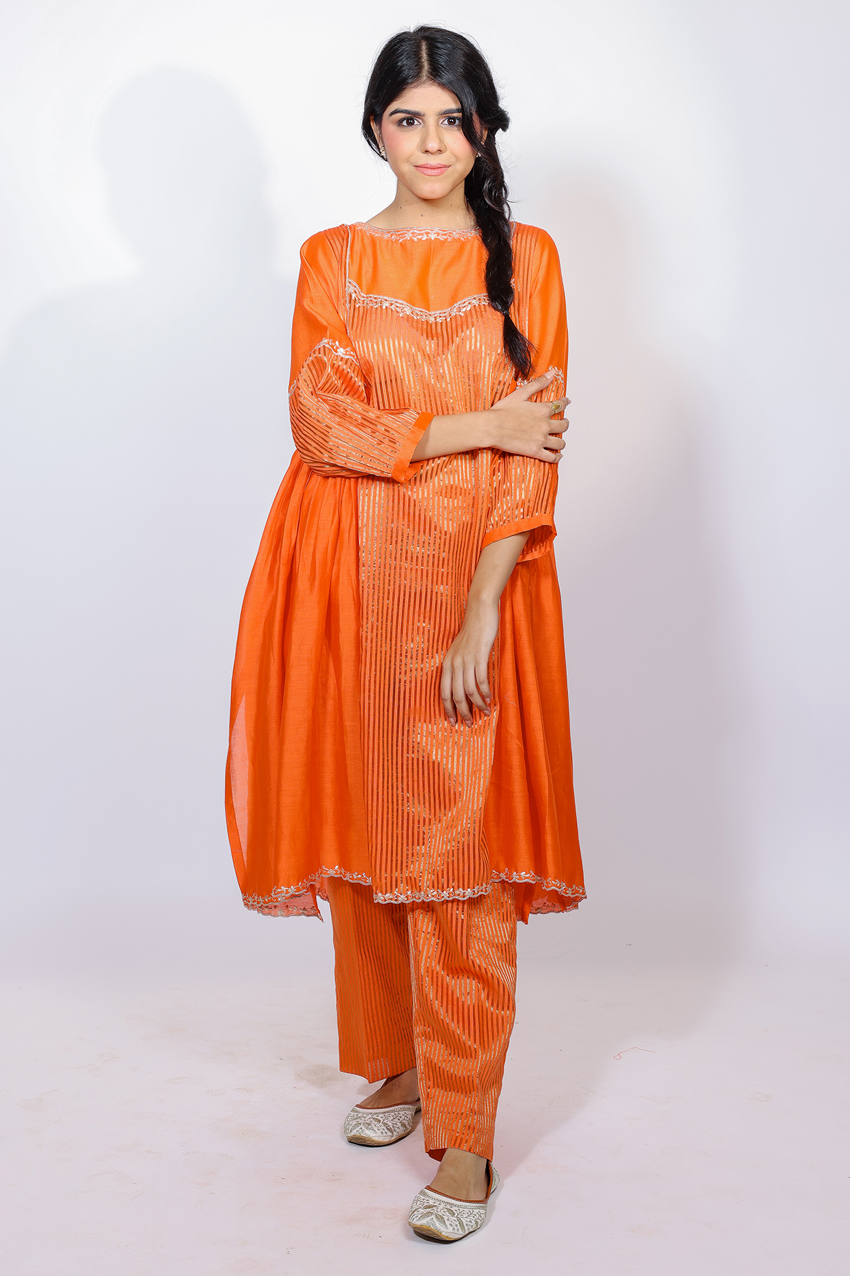 Kesari Orange Chanderi Kasab Embroidered A-Line Kurta Set by Brahmand By Vertika Kalra at Pernia's Pop Up Shop