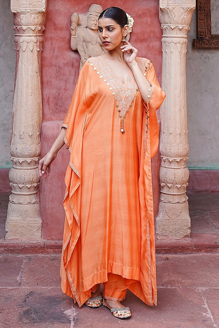 Peach Muslin Silk Pitta Kasab Embroidered Kaftan Set by Brahmand By Vertika Kalra at Pernia's Pop Up Shop