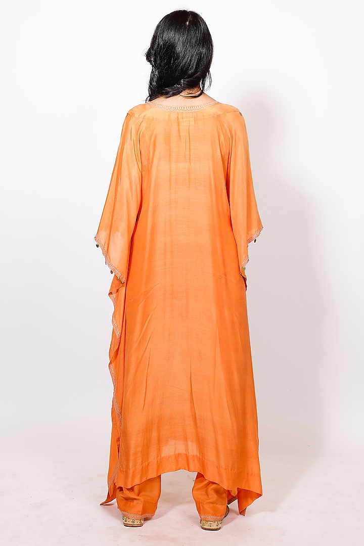 Peach Muslin Silk Pitta Kasab Embroidered Kaftan Set by Brahmand By Vertika Kalra at Pernia's Pop Up Shop