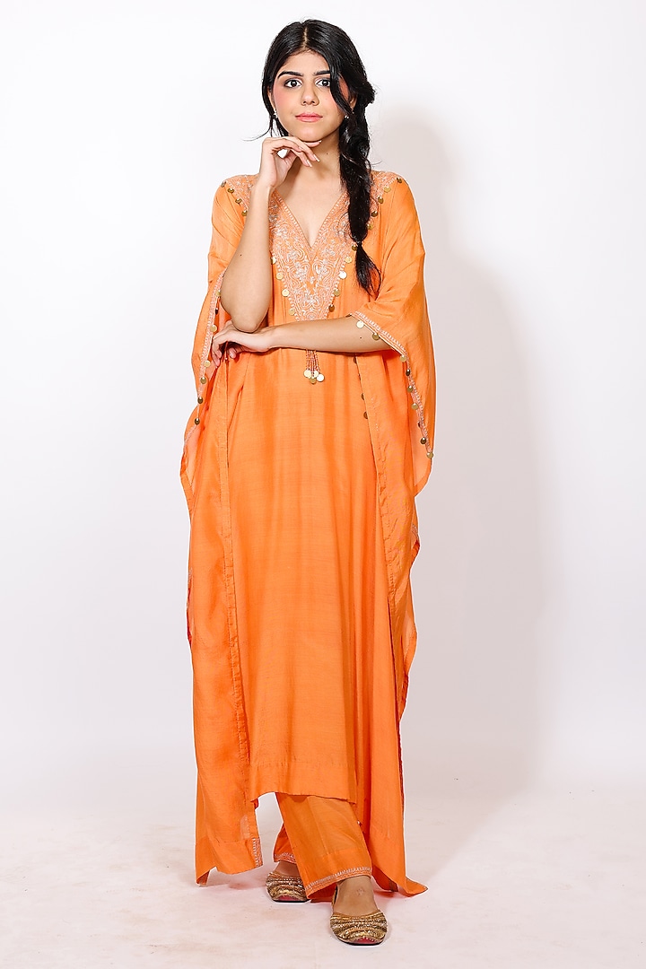 Peach Muslin Silk Pitta Kasab Embroidered Kaftan Set by Brahmand By Vertika Kalra at Pernia's Pop Up Shop