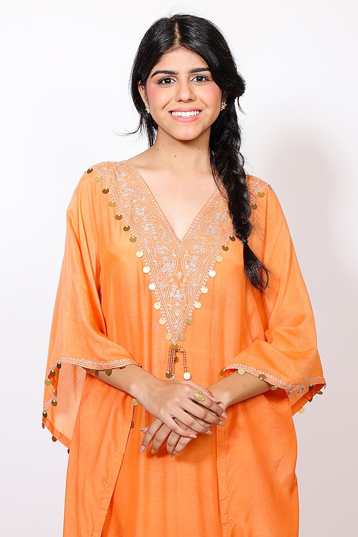 Peach Muslin Silk Pitta Kasab Embroidered Kaftan Set by Brahmand By Vertika Kalra at Pernia's Pop Up Shop