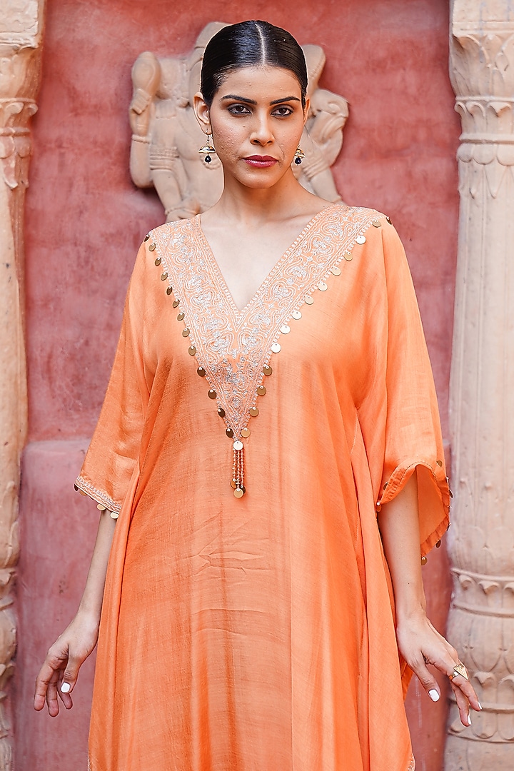 Peach Muslin Silk Pitta Kasab Embroidered Kaftan Set by Brahmand By Vertika Kalra at Pernia's Pop Up Shop