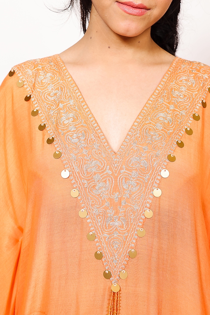 Peach Muslin Silk Pitta Kasab Embroidered Kaftan Set by Brahmand By Vertika Kalra at Pernia's Pop Up Shop