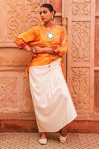 White Satin Linen Draped Skirt Set by Brahmand By Vertika Kalra