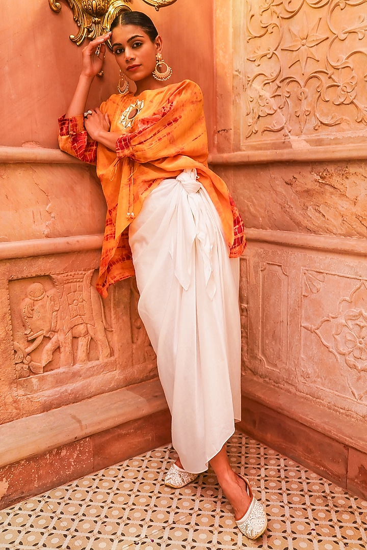 White Satin Linen Draped Skirt Set by Brahmand By Vertika Kalra at Pernia's Pop Up Shop