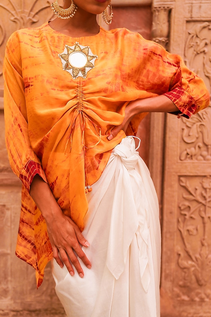 White Satin Linen Draped Skirt Set by Brahmand By Vertika Kalra at Pernia's Pop Up Shop