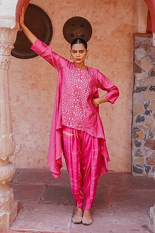 Pink Chanderi Silk Sitara Embroidered Tunic Set by Brahmand By Vertika Kalra