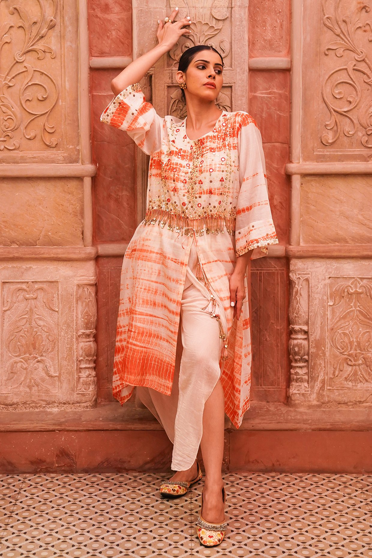 Orange & White Chanderi Silk Tie-Dye Tunic Set by Brahmand By Vertika Kalra at Pernia's Pop Up Shop
