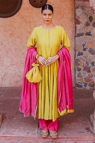 Lime Green Chanderi Anarkali Set by Brahmand By Vertika Kalra