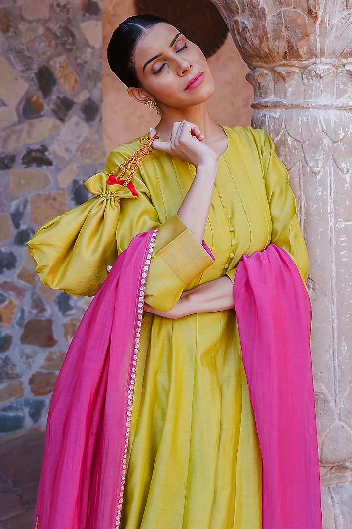 Lime Green Chanderi Anarkali Set by Brahmand By Vertika Kalra at Pernia's Pop Up Shop