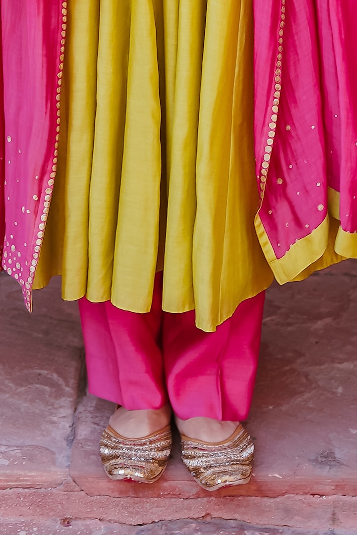 Lime Green Chanderi Anarkali Set by Brahmand By Vertika Kalra at Pernia's Pop Up Shop
