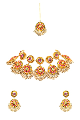 Gold Finish Pearls & Thread Necklace Set by Bauble Bazaar