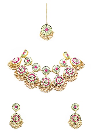 Gold Finish Thread Embroidered Necklace Set by Bauble Bazaar
