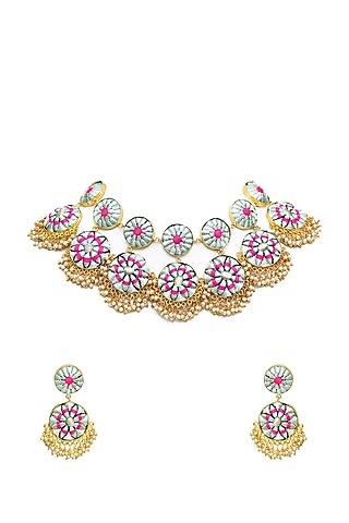 Gold Finish Zari & Pearls Necklace Set by Bauble Bazaar