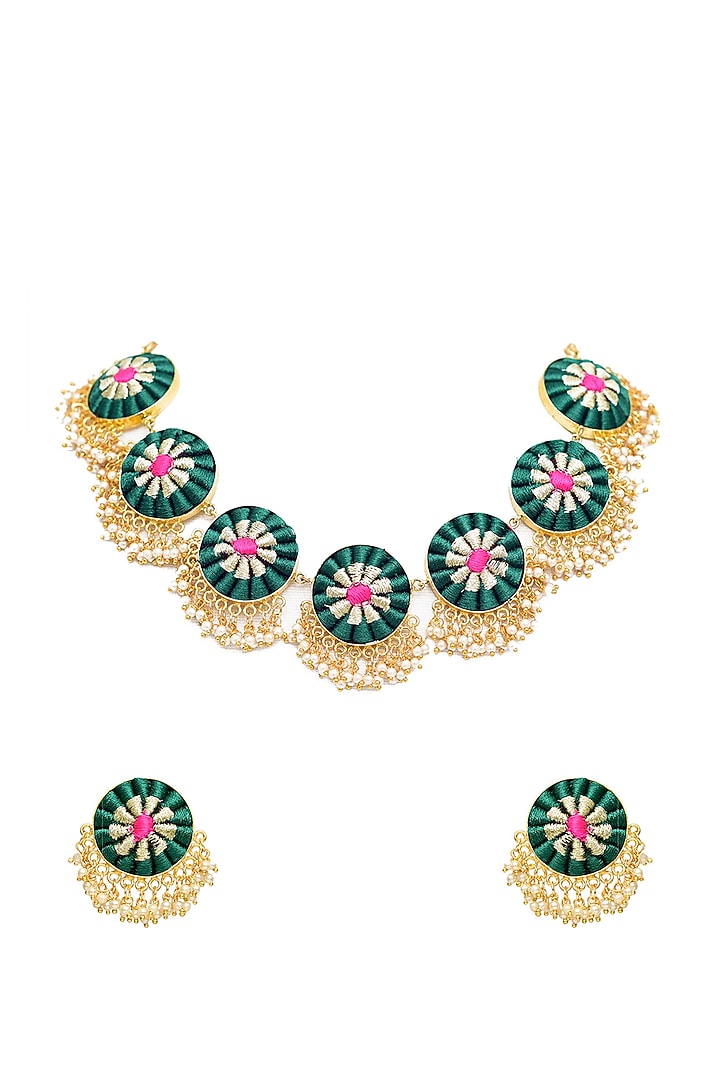 Gold Finish Zari Silk Thread Embroidered Necklace Set by Bauble Bazaar at Pernia's Pop Up Shop