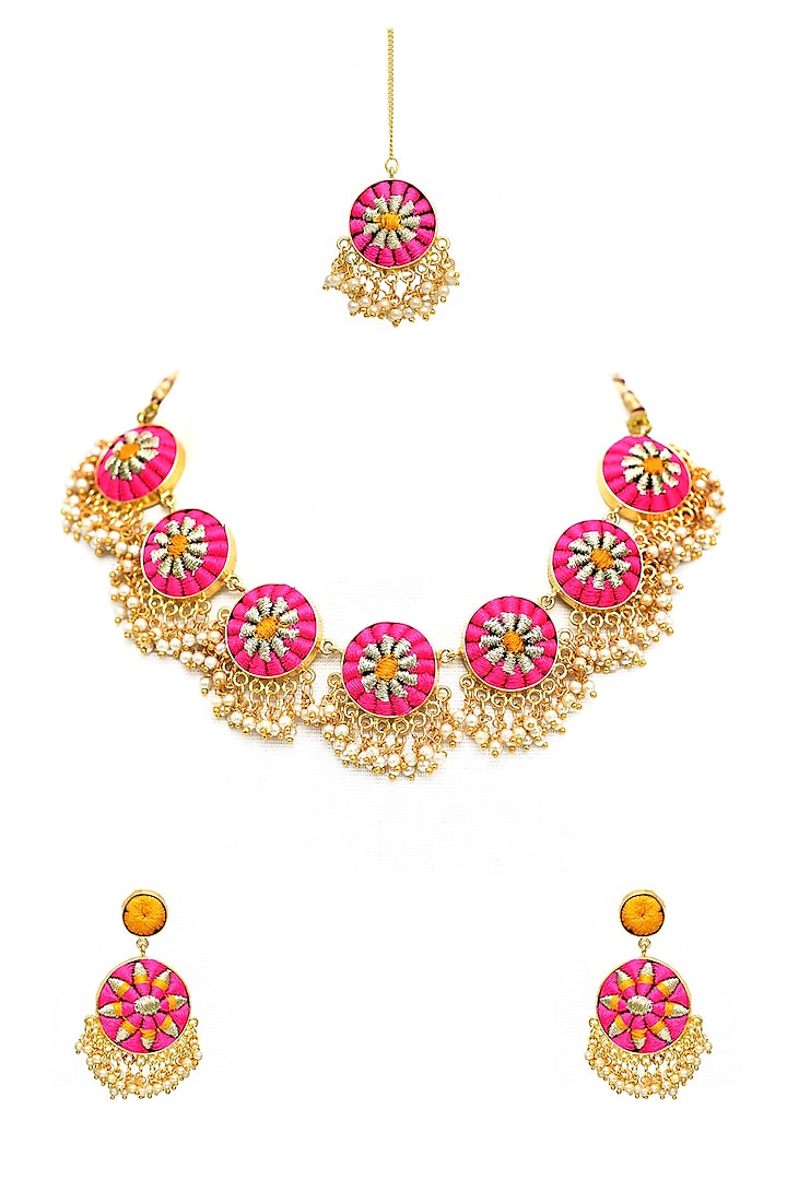 Gold Finish Pearls Studded Necklace Set by Bauble Bazaar at Pernia's Pop Up Shop
