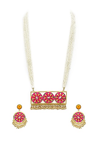 Gold Finish Pearls Pendant Necklace Set by Bauble Bazaar