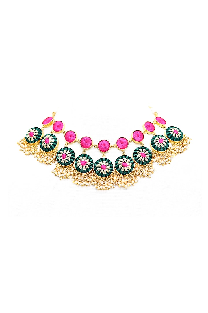 Gold Finish Zari Embroidered Necklace by Bauble Bazaar