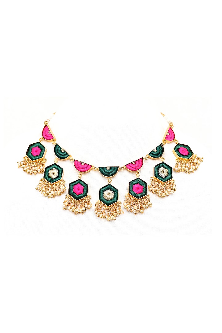 Gold Finish Thread Embroidered Necklace by Bauble Bazaar