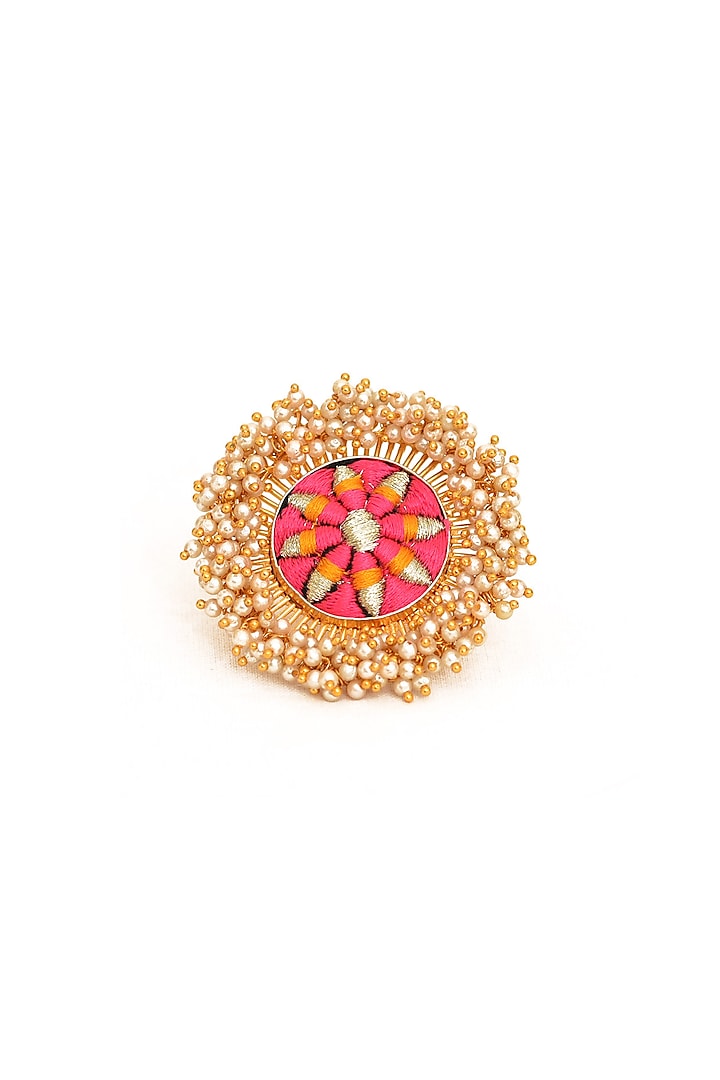 Gold Finish Zari Embroidered Ring by Bauble Bazaar