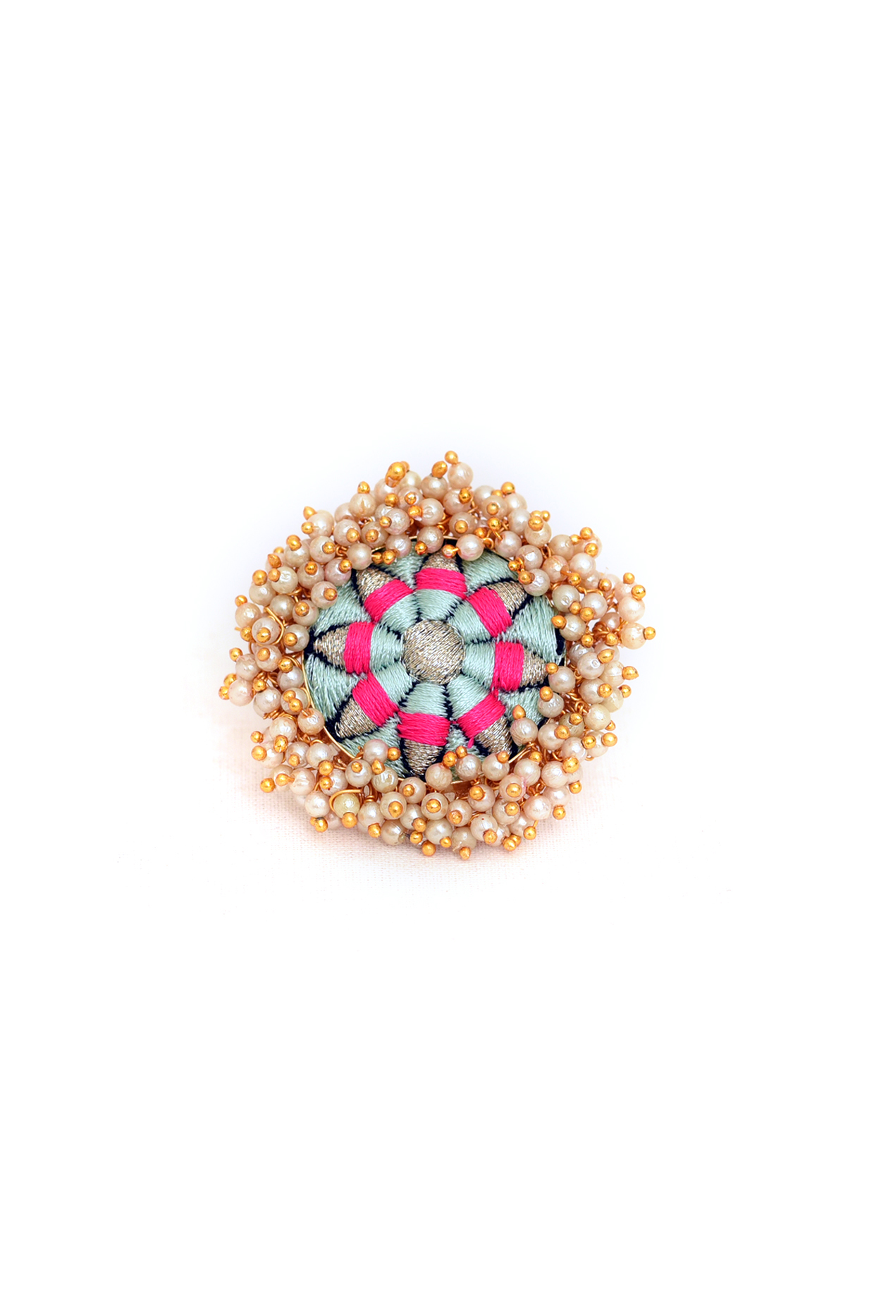 Gold Finish Zari Silk Thread Embroidered Ring by Bauble Bazaar