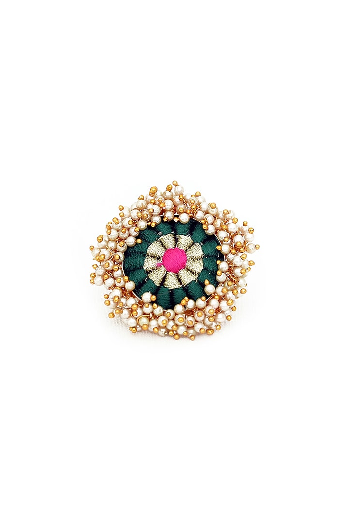 Gold Finish Pearls & Thread Embroidered Ring by Bauble Bazaar