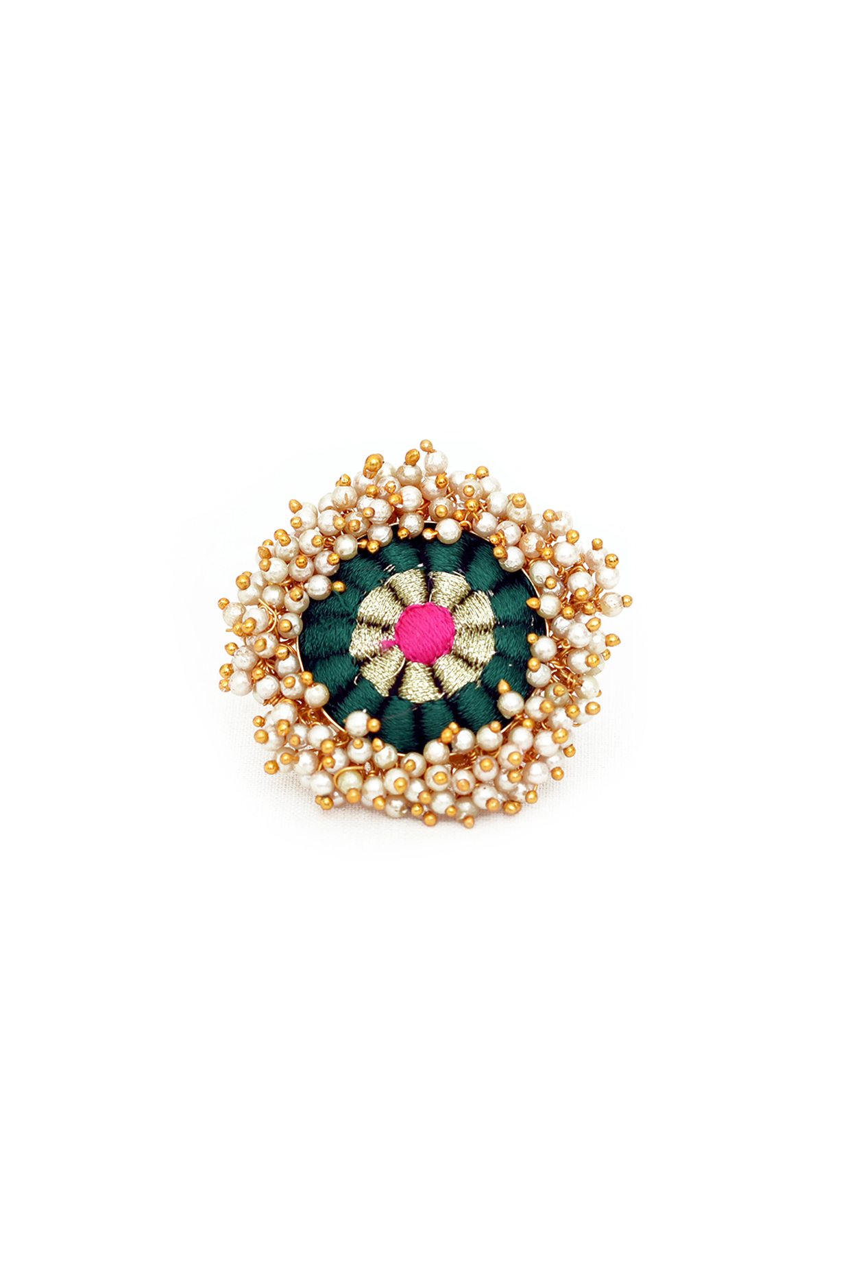 Gold Finish Pearls & Thread Embroidered Ring by Bauble Bazaar