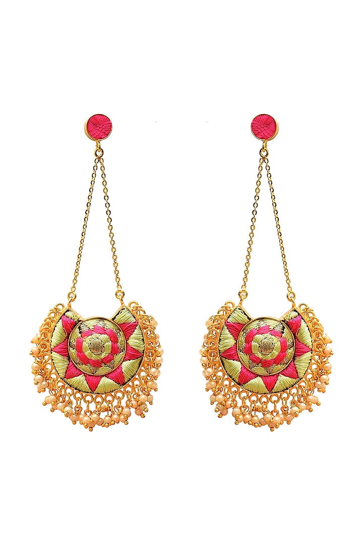 Gold Finish Pearl Hand Embroidered Earrings by Bauble Bazaar