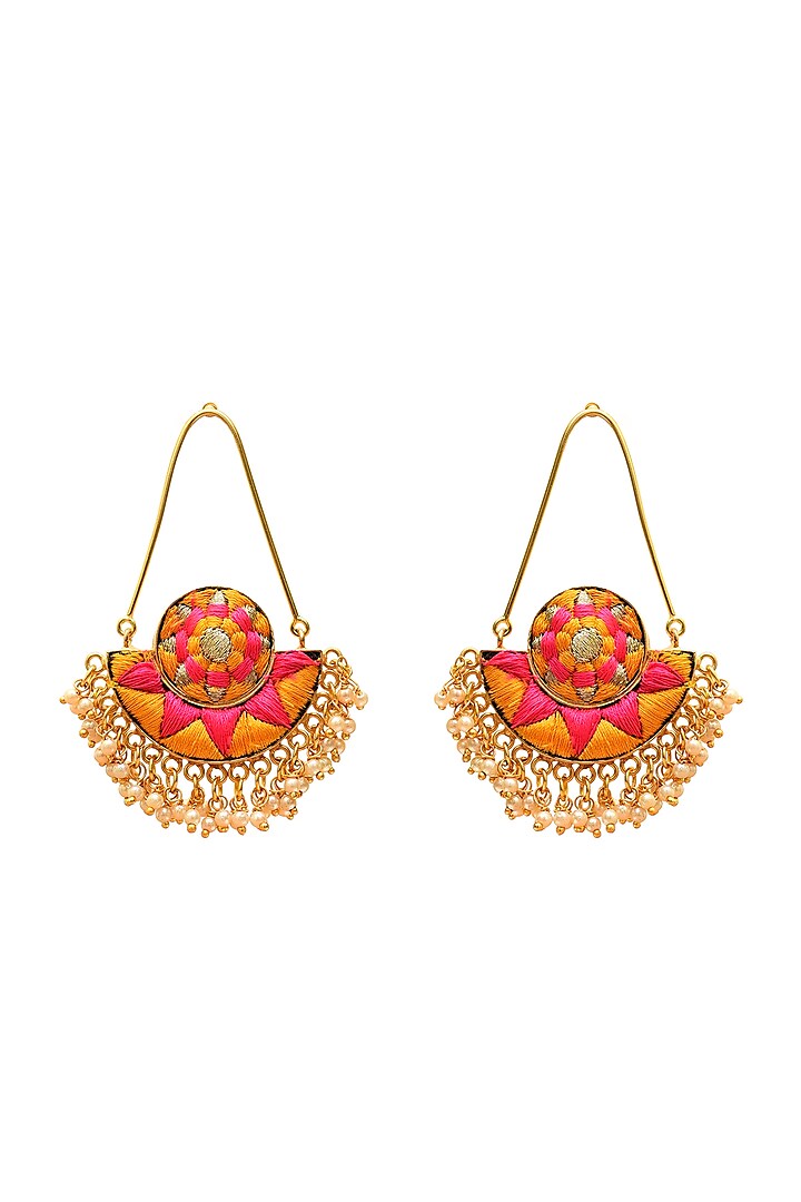 Gold Finish Hand Embroidered Earrings With Pearls by Bauble Bazaar