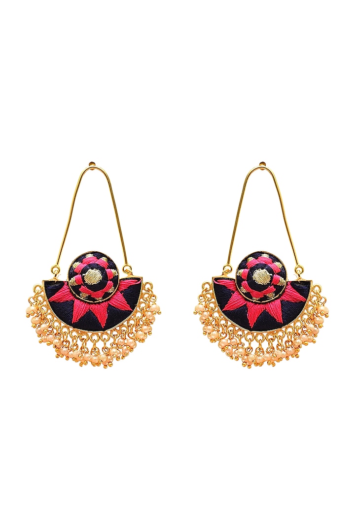 Gold Finish Pearl Hand Embroidered Earrings In Brass by Bauble Bazaar