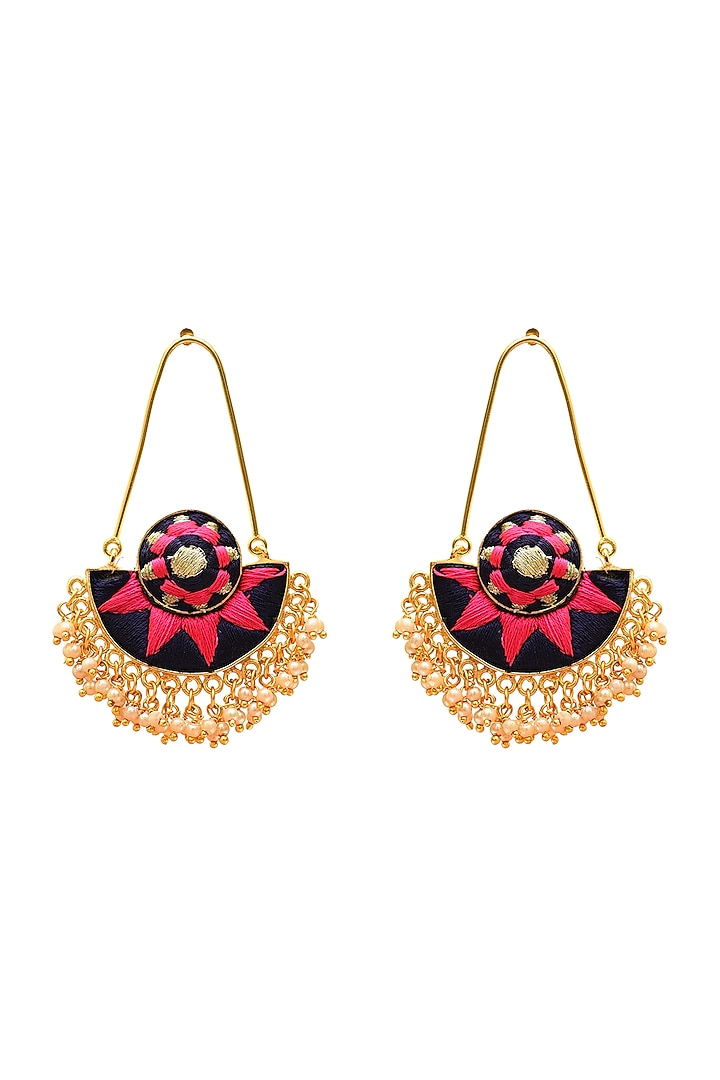 Gold Finish Pearl Hand Embroidered Earrings In Brass by Bauble Bazaar at Pernia's Pop Up Shop