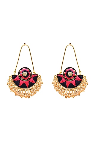 Gold Finish Pearl Hand Embroidered Earrings In Brass by Bauble Bazaar