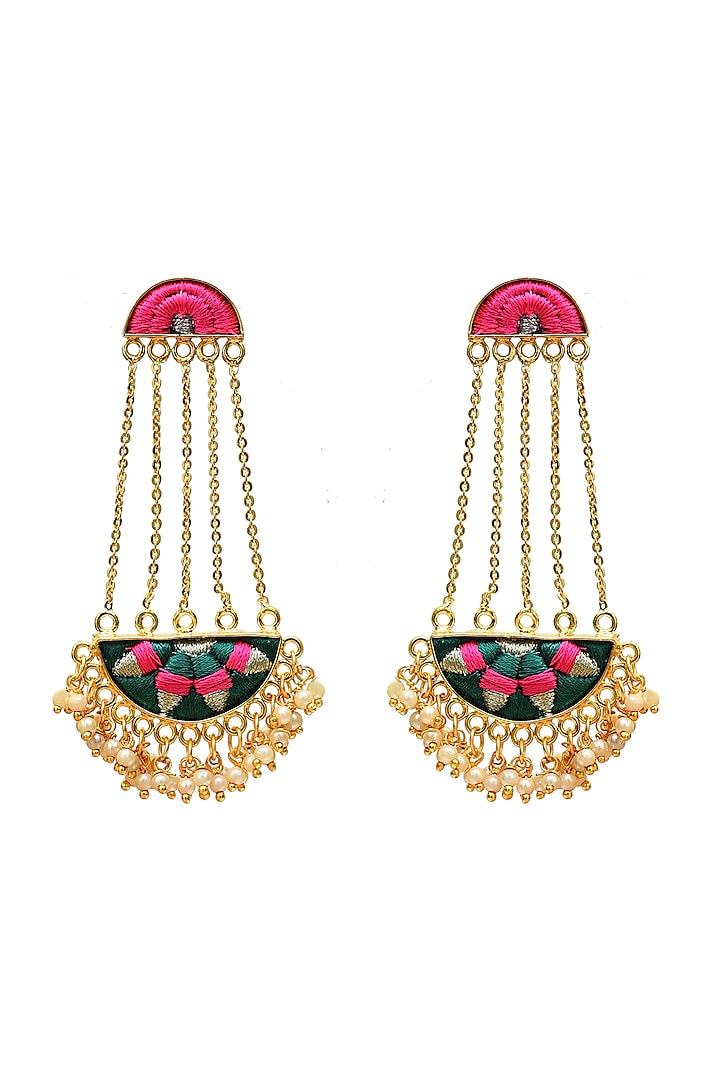 Gold Finish Hand Embroidered Earrings In Brass by Bauble Bazaar